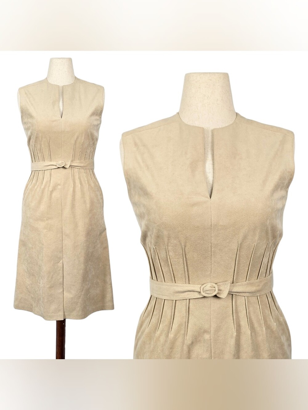 1970s Vintage Dress 70s Ultra Suede Belt Set Small Medium Beige Tan Sleeveless